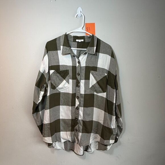 Maurices Tops - Maurices Women's XL Olive Green Gray White Buffalo Plaid Button Down Shirt